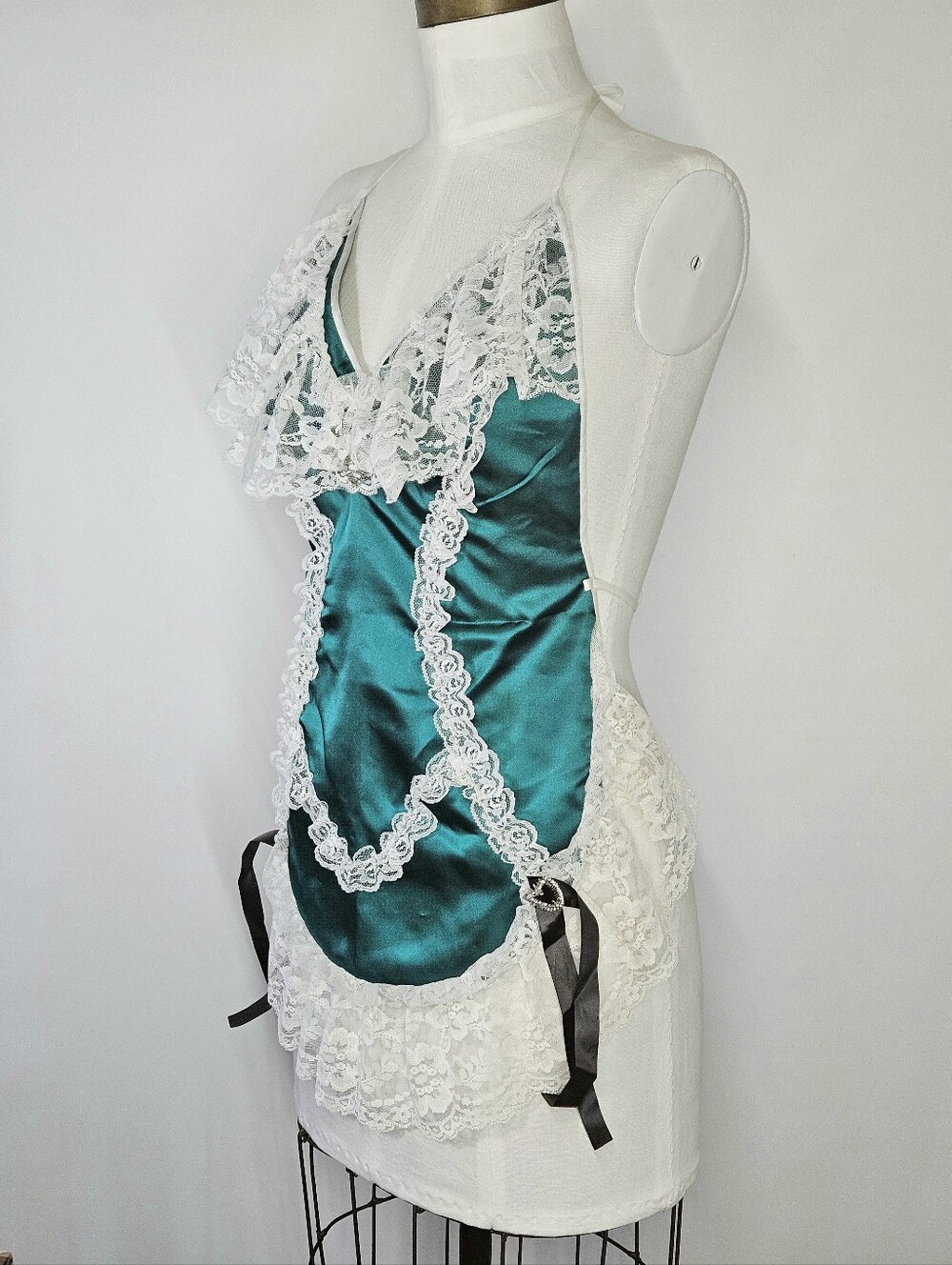 Lingerie Apron XS-XL OS Vintage 80s Novelty Satin Lace Tie Emerald Green White - Picture 2 of 6
